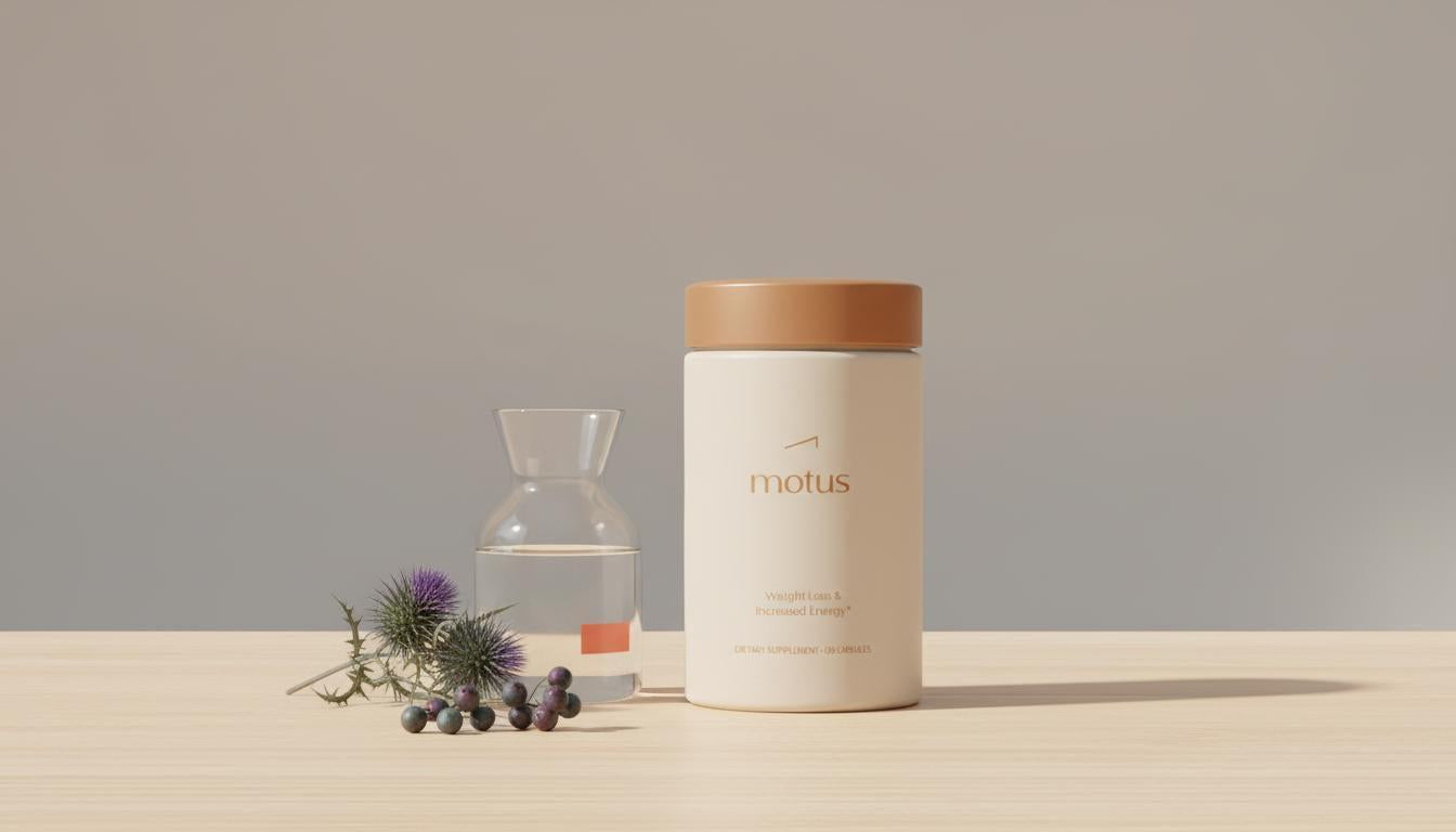 Minimalist still life: Tonum supplement jar with berries, milk thistle sprig and glass carafe of water on a wooden table with background #F2E5D5 — Culturelle Metabolism side effects