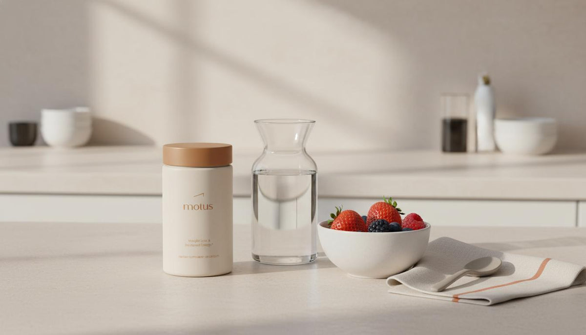 Minimalist kitchen still life with Tonum Motus supplement jar beside a glass carafe and bowl of berries, illustrating ashwagandha for belly fat in a calm, health-focused scene.