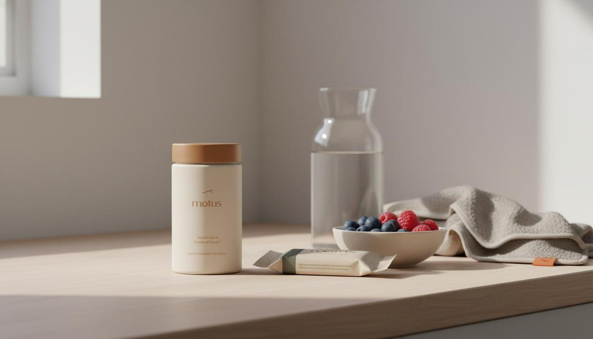 Minimalist kitchen counter with Tonum Motus jar, wrapped protein bar, bowl of berries, carafe of water and towel — staged for protein bars for fat loss