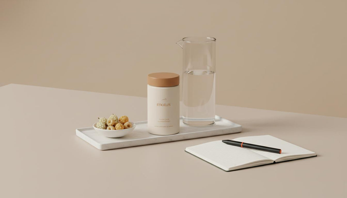 Minimalist kitchen counter with a Tonum supplement jar beside a carafe, bowl of berries and notebook on a beige background—visual for ashwagandha side effects
