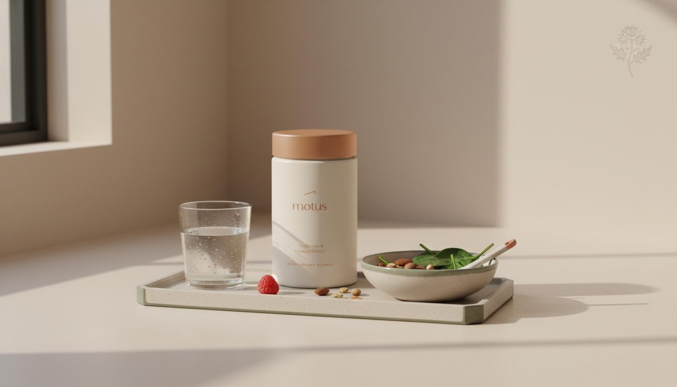 Minimalist kitchen counter with Tonum supplement jar on a tray beside a glass of water and bowl of nuts and greens on a beige background; magnesium glycinate supplement.