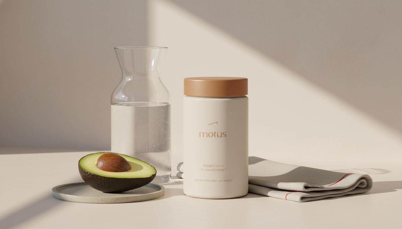 Minimal still-life of Tonum supplement jar next to an avocado half and glass carafe on a minimalist counter, illustrating Which vitamin should not be taken together?