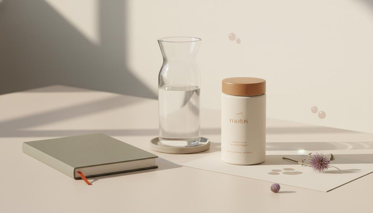 Minimalist morning scene with Tonum Motus supplement jar, carafe of water and journal on a soft #F2E5D5 background with subtle berries and milk thistle icons — fat burners for women