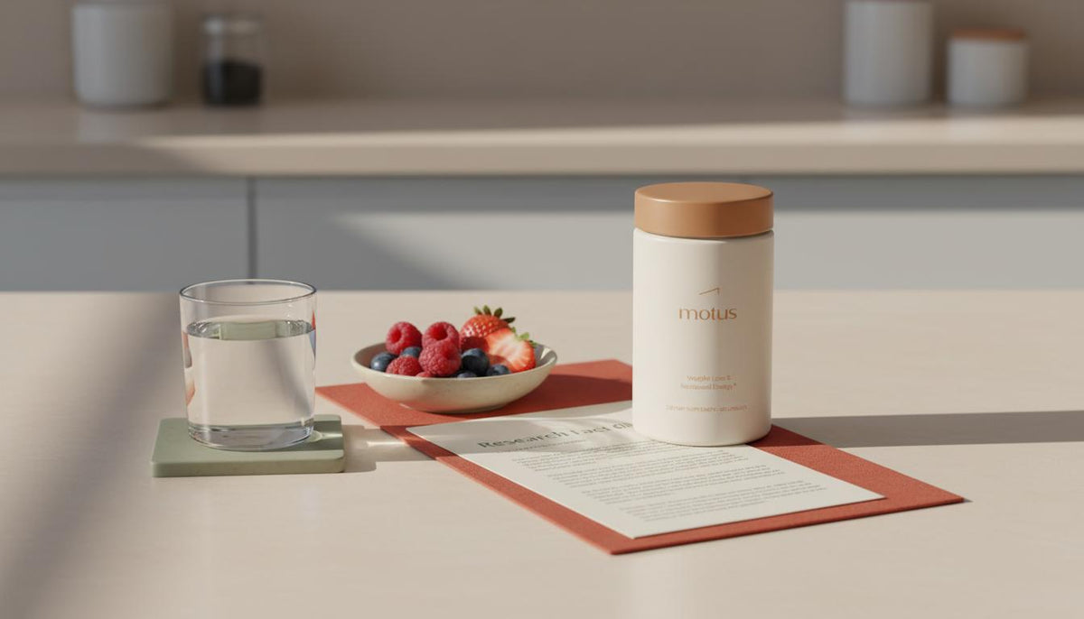 Minimal kitchen counter with Tonum Motus jar beside a glass of water, bowl of berries and folded research sheet — strongest weight loss pill
