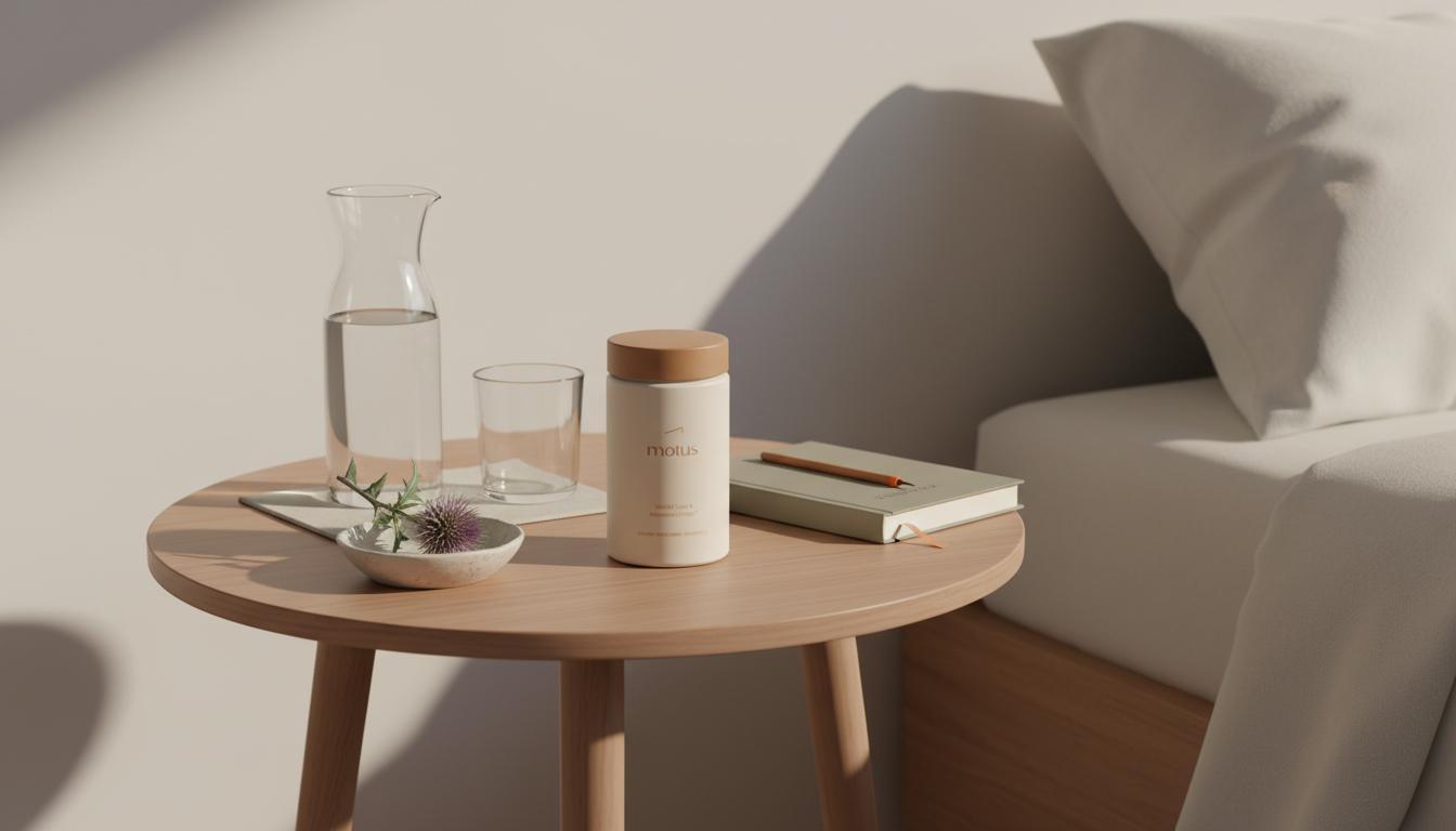 Minimal morning bedside scene with Motus supplement jar on a wooden table beside a water carafe, journal and milk thistle sprig — do fat burners work