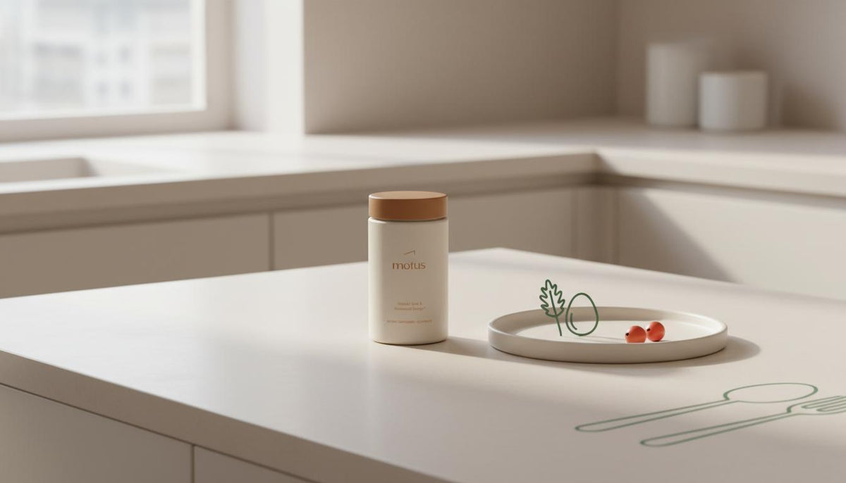 Minimalist Tonum kitchen scene with Motus supplement jar beside milk thistle, egg and berries on a neutral plate, promoting whey protein for weight loss.