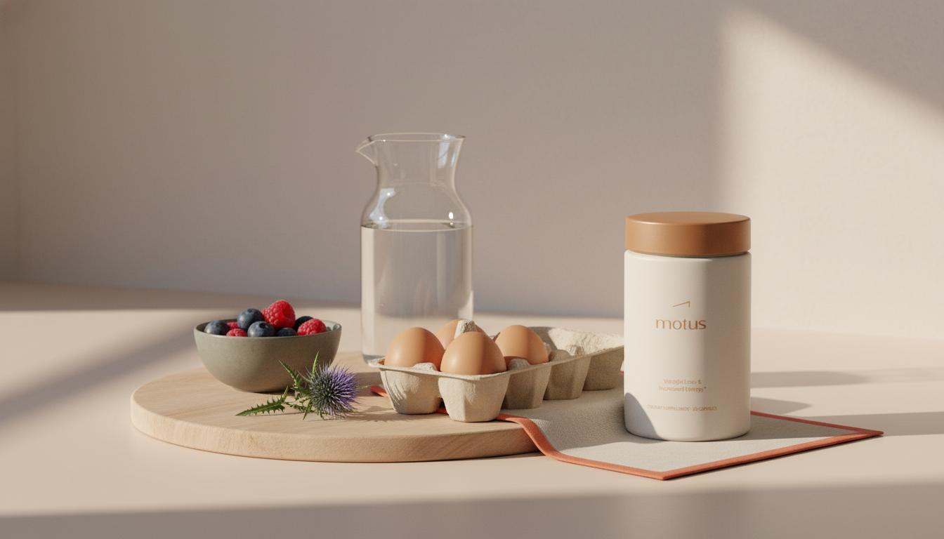 Minimalist kitchen counter with berries, eggs, water carafe and Tonum supplement jar, evoking a holistic nutrition coach lifestyle