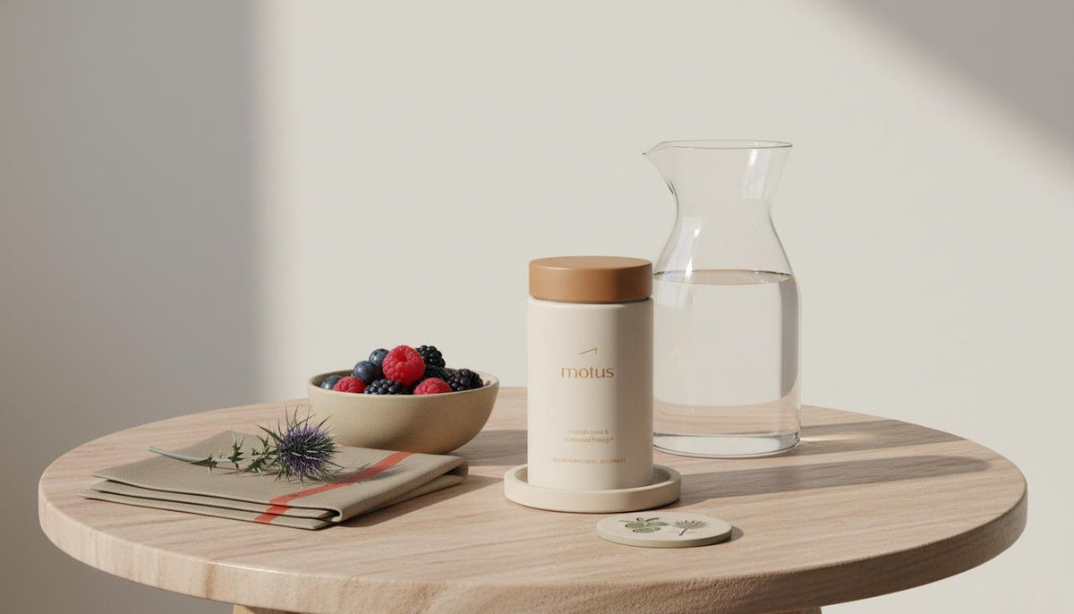 Minimal breakfast table with Tonum Motus jar beside a glass carafe, bowl of mixed berries and milk thistle on a pale #F2E5D5 background, calm scientific wellness — best meal replacement diet