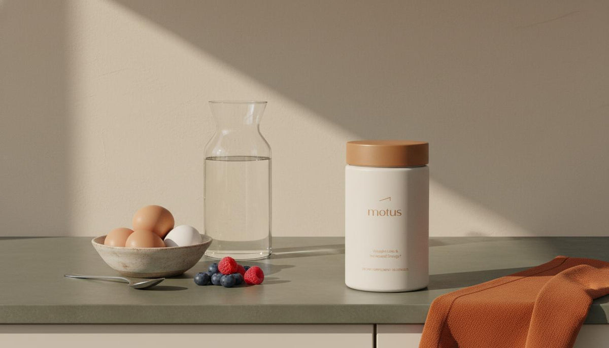 Minimalist kitchen scene with Tonum Motus supplement jar beside eggs, berries and a water carafe, emphasizing natural metabolism boosters and simple morning nutrition.