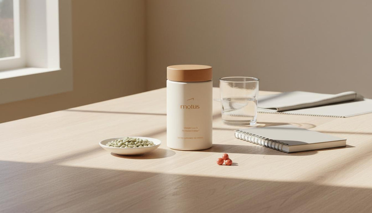 Minimalist kitchen scene with Tonum supplement jar, dish of unroasted green coffee beans, clinical notebook and glass of water on a light wooden table — green coffee and blood pressure