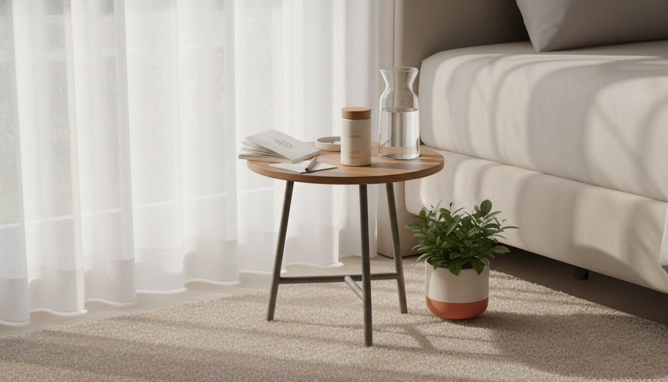 Minimalist bedside scene with Tonum Motus supplement jar, carafe and open journal in soft morning light representing 7 dimensions of holistic wellness
