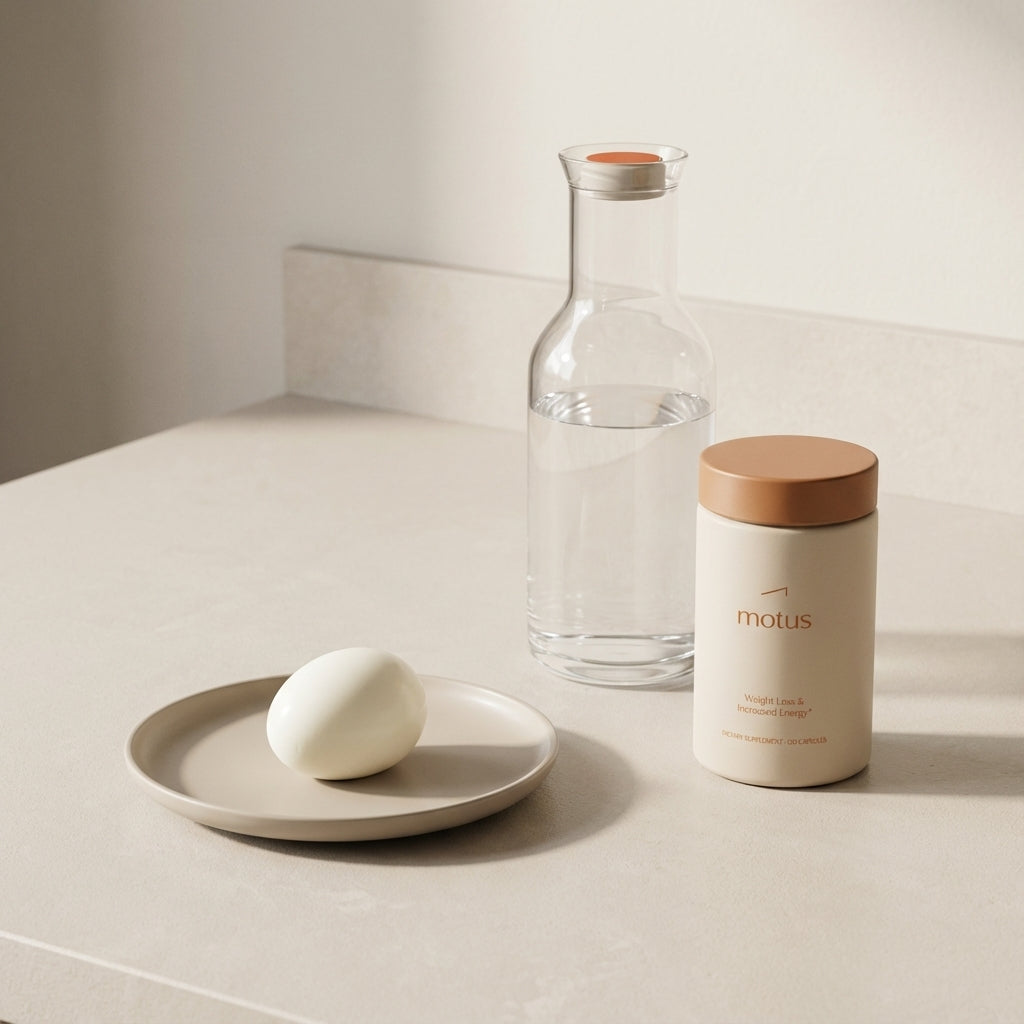 Minimalist morning counter with Motus supplement jar, glass carafe and single hard‑boiled egg on a plate illustrating a 7 second breakfast trick.