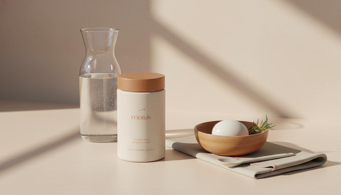 Minimalist countertop still life with Motus supplement bottle next to a water carafe and boiled egg, soft morning light illustrating a 7 second morning trick