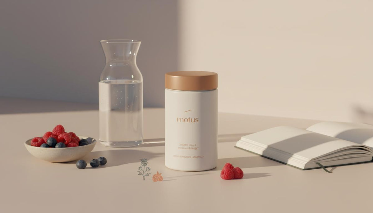 Minimalist kitchen scene with Tonum Motus jar beside a glass carafe, bowl of berries and notebook in morning light — 7 second weight loss secret