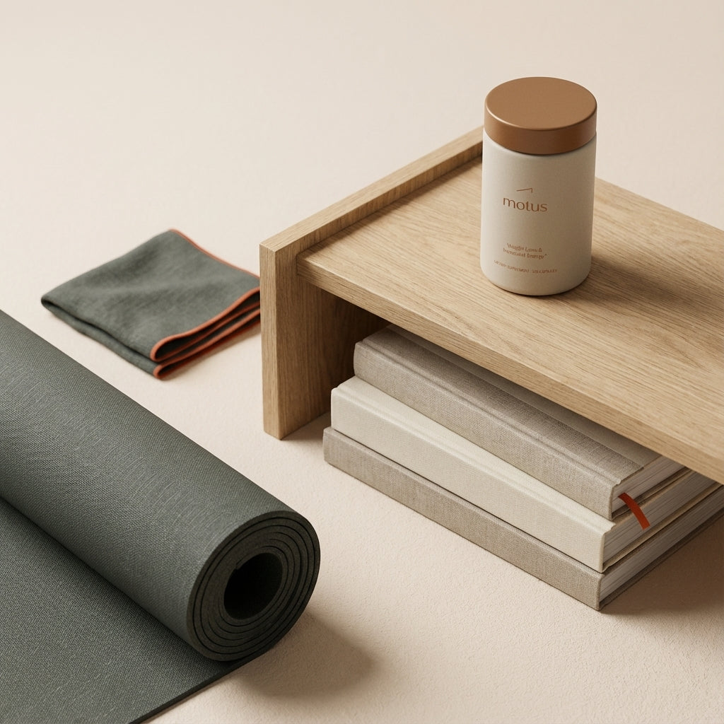 Overhead photo of a minimalist workout corner with a rolled mat, healthy cookbooks, and a Tonum Motus container on a low shelf — illustrating the 70/30 rule gym