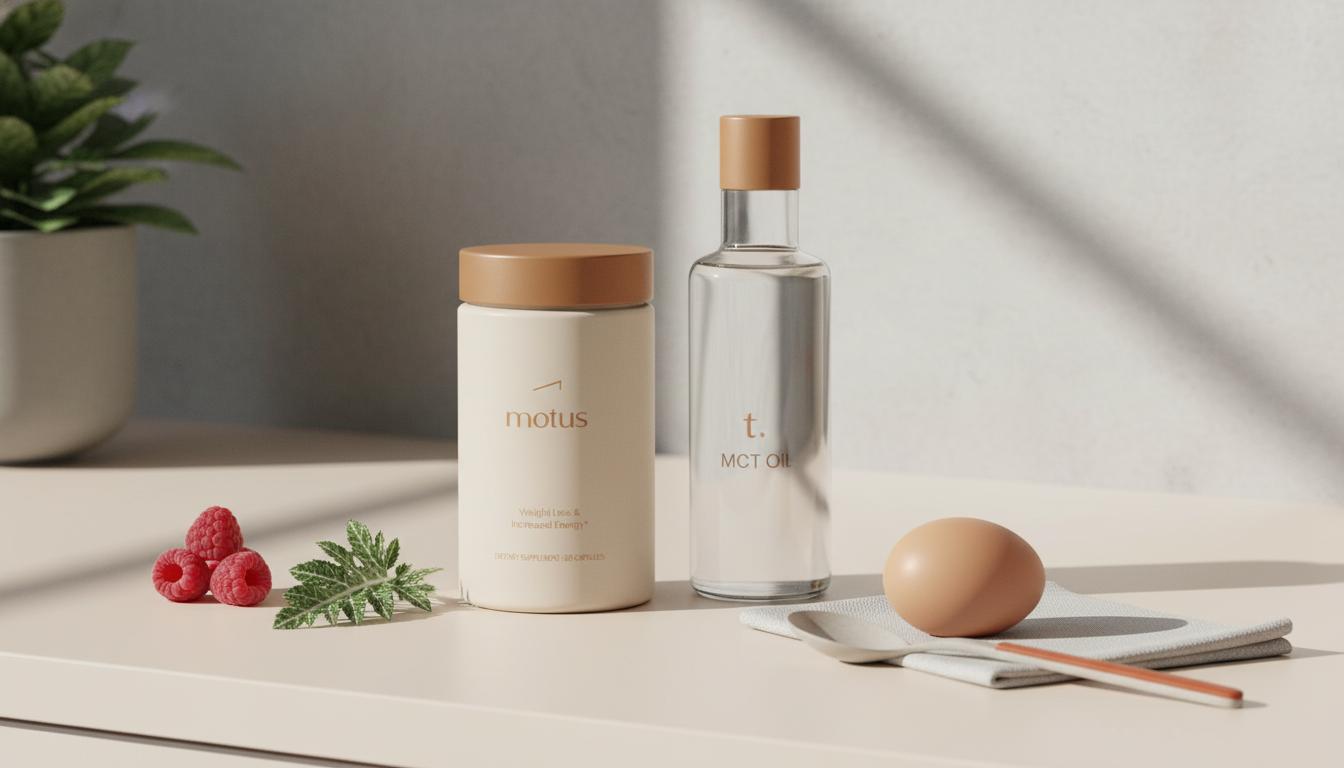 Minimalist kitchen counter with a bottle of C8 MCT oil and a Tonum supplement jar, accompanied by berries, milk thistle leaf and a whole egg on a clean #F2E5D5 background