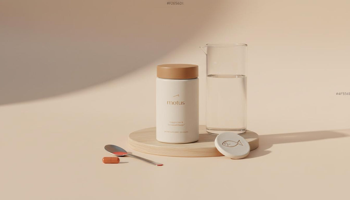 Minimal lifestyle photograph of the Tonum 'Motus' supplement jar on a small wooden plinth with a Tonum berry icon tile and glass of water, evoking healthy routine — fat burning pills without exercise