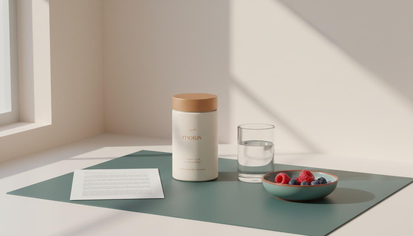 Motus supplement jar on a Tonum-colored kitchen counter next to a glass of water, bowl of berries and folded research summary, evoking chromium side effects context