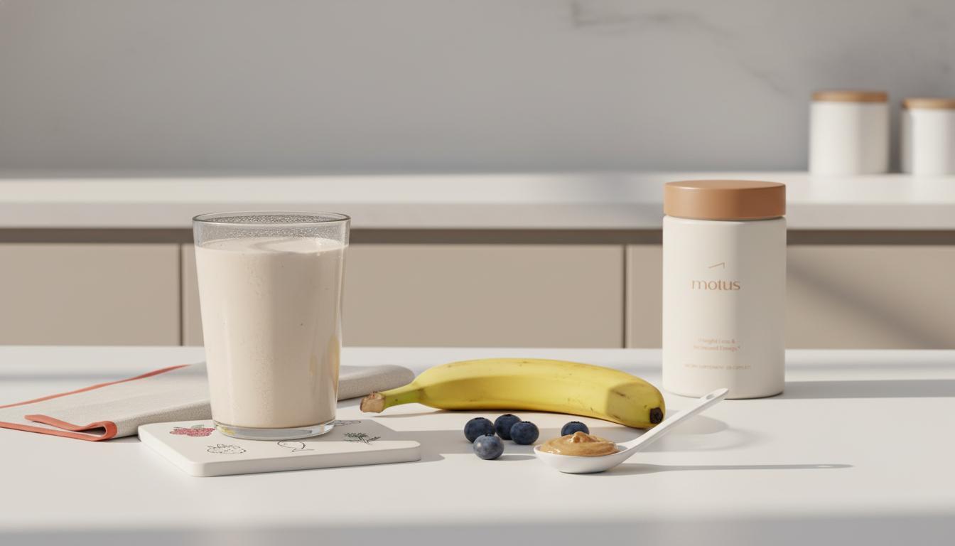 Minimalist kitchen scene with a chilled glass of the tastiest meal replacement shakes beside berries, banana and nut butter, with a subtle Tonum Motus jar in background.