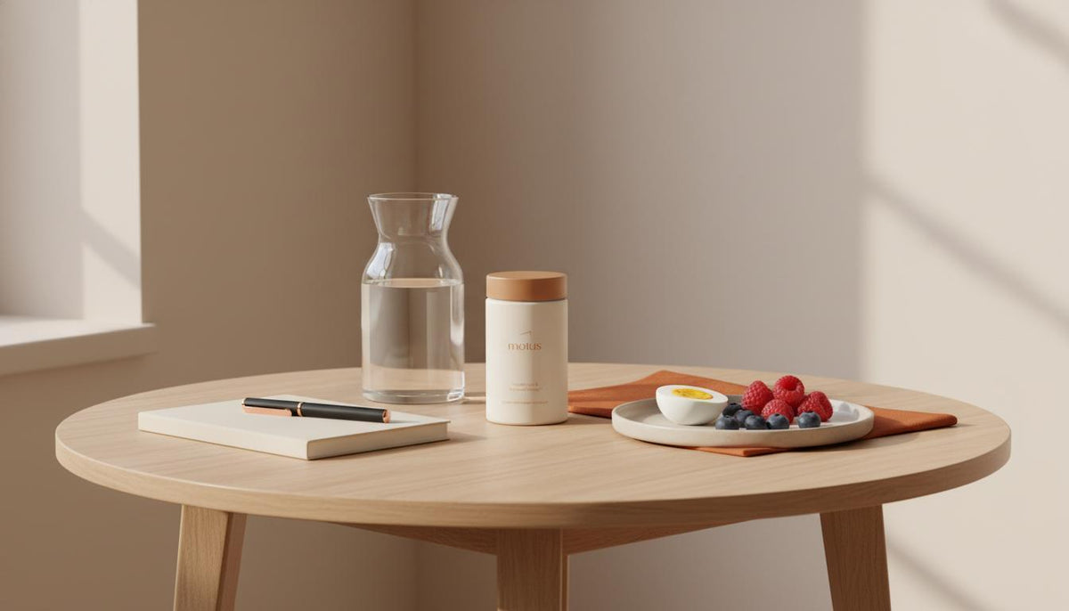 Minimalist kitchen table with Tonum Motus bottle, carafe of water, notebook and a plate with an egg and berries — who can help me with macros