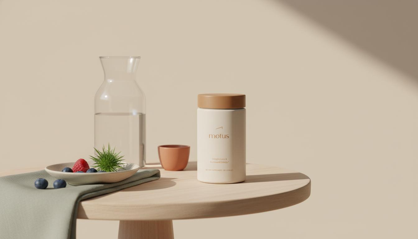 Minimalist morning routine photo with Tonum supplement jar on a wooden table, glass of water and berries, promoting how to lose 7 pounds in 2 weeks.