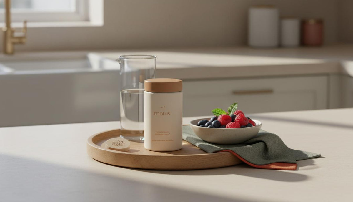 Minimalist kitchen counter with Tonum Motus jar on a wooden tray beside a glass carafe and bowl of berries, highlighting balanced nutrition and high metabolism.