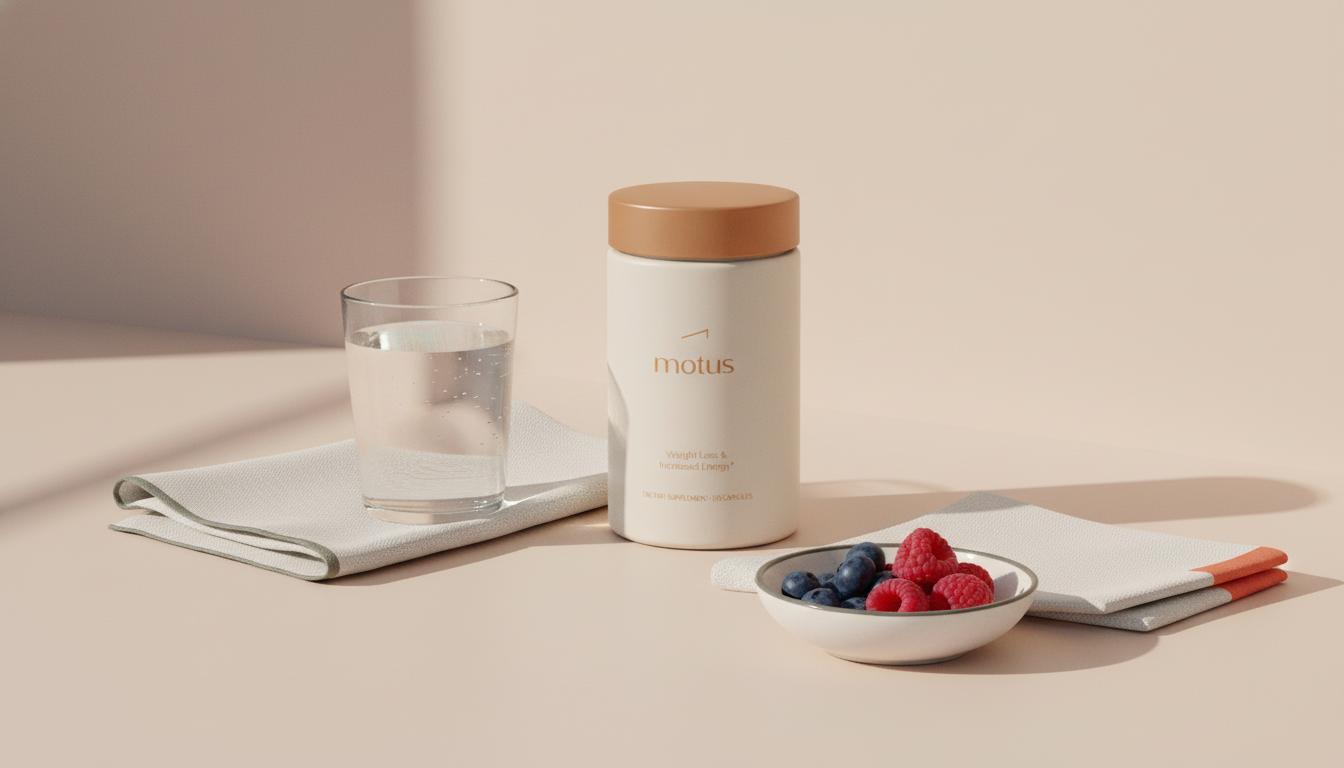 Minimalist kitchen scene with Tonum Motus supplement jar beside a glass of water and bowl of berries, evoking daily routine and health; does creatine affect belly fat
