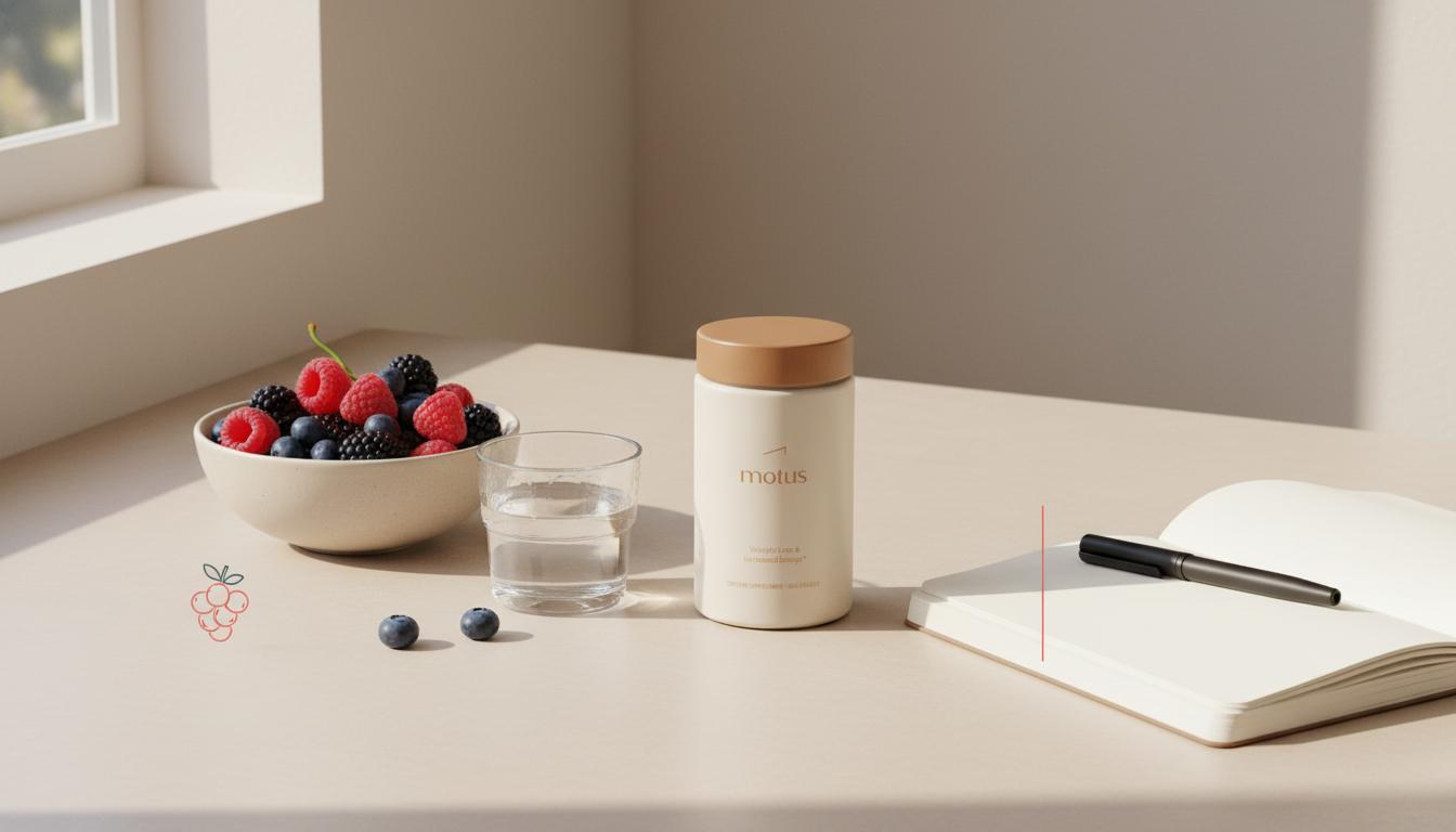 Minimal kitchen still life with Tonum Motus supplement jar beside a bowl of berries, glass of water and open notebook on beige counter, promoting whey protein weight loss.