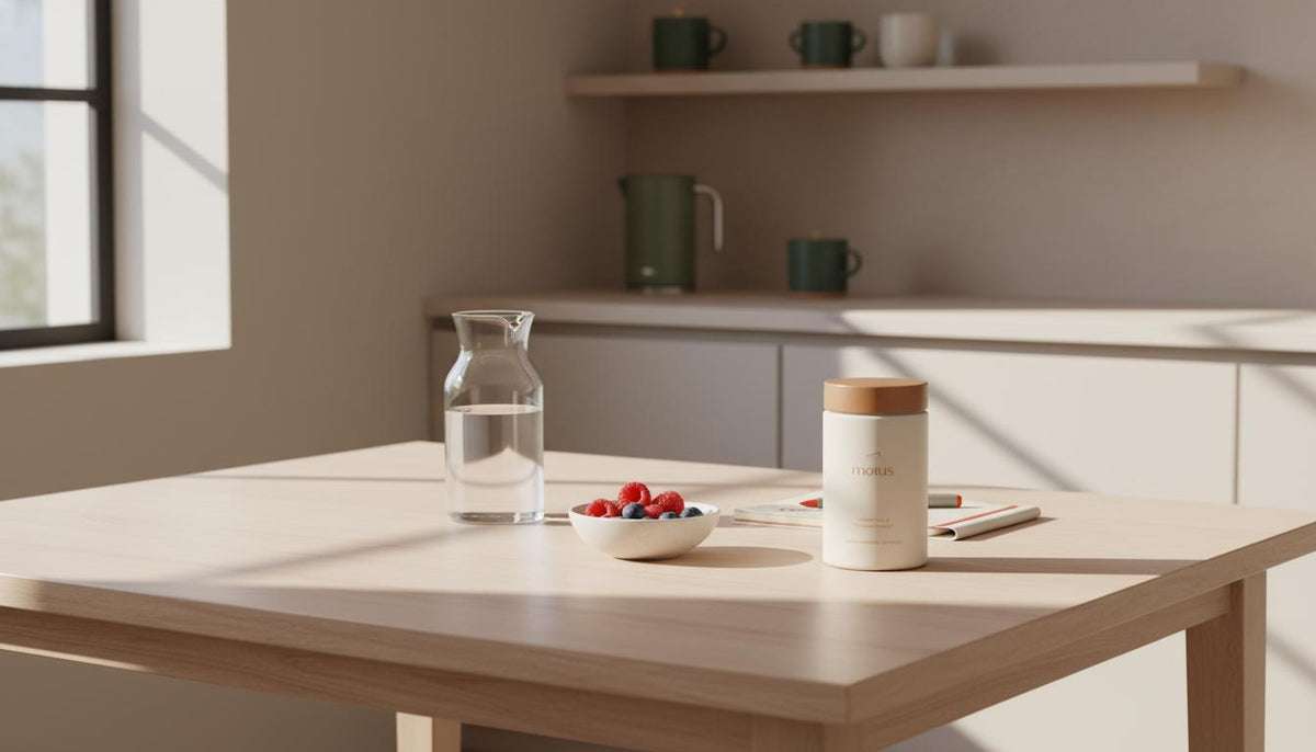 Minimalist breakfast nook with Tonum Motus supplement jar beside a glass carafe, bowl of berries and notepad on a wooden table, styled for a nutritionist for weight loss
