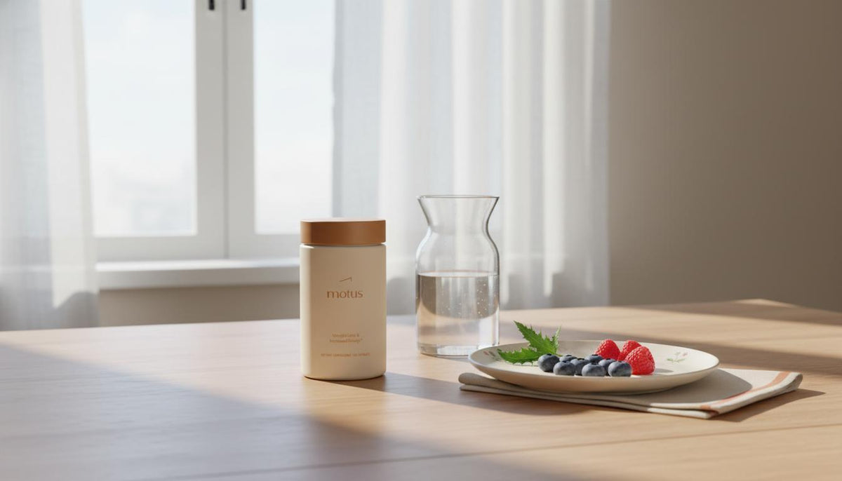 Minimalist kitchen scene with Tonum Motus supplement jar beside a carafe and berries, clean clinical-meets-lifestyle composition illustrating do ketone pills work
