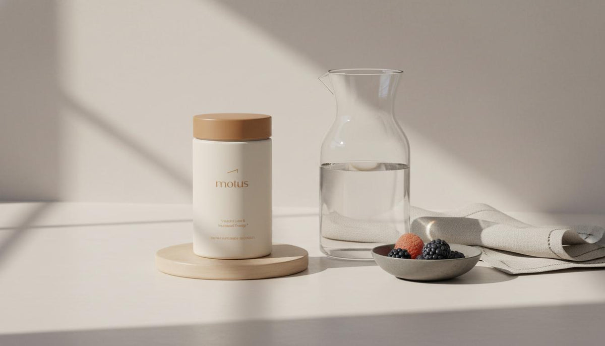 Minimal Tonum kitchen scene: Motus supplement jar beside a carafe of water and fresh berries on a clean counter, calm nutrition styling — are fat burner pills worth it