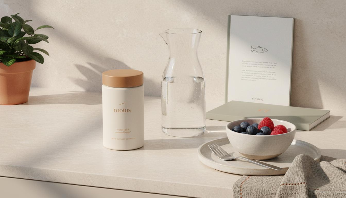 Minimalist kitchen still-life with Tonum Motus supplement jar beside a glass carafe, bowl of berries and subtle fish icon on a recipe card, promoting visceral fat supplements.