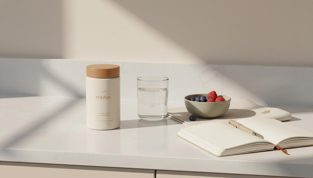 Minimalist kitchen counter with a Motus supplement bottle beside a glass of water, bowl of berries and an open journal in soft morning light — whey protein for weight loss.