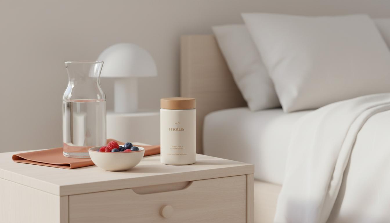 Minimal bedside still life with Tonum Motus supplement jar, glass carafe and bowl of berries on a tidy table — Wegovy weight loss timeline