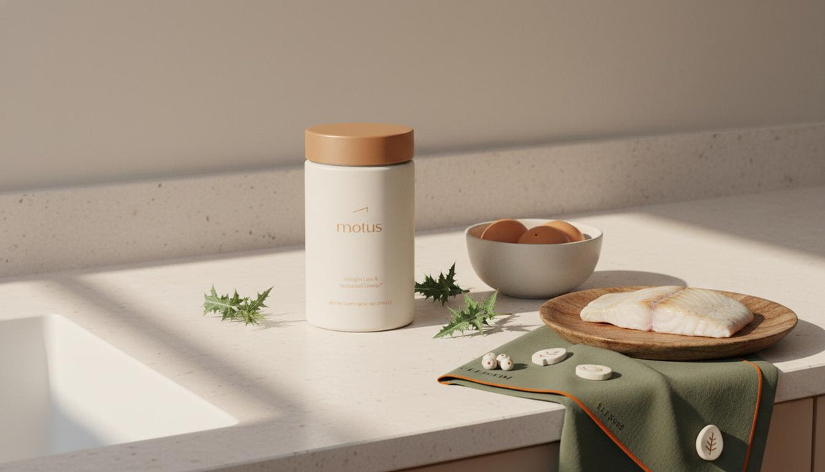 Minimal kitchen counter with Tonum Motus jar beside eggs, fish fillet and milk thistle leaves, styled for protein intake for muscle gain and fat loss