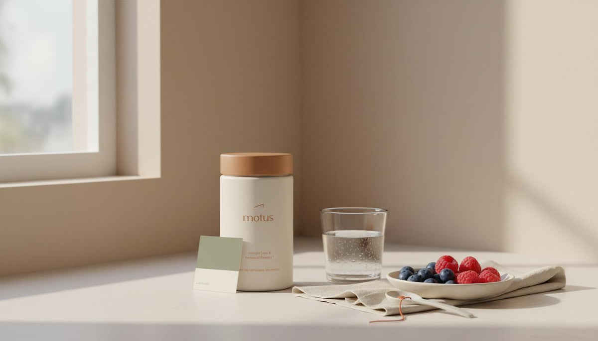 Minimalist kitchen countertop with Tonum Motus jar next to a glass of water, bowl of berries and linen cloth in soft morning light — illustrating whey protein side effects in a neutral, clinical-lifestyle style.