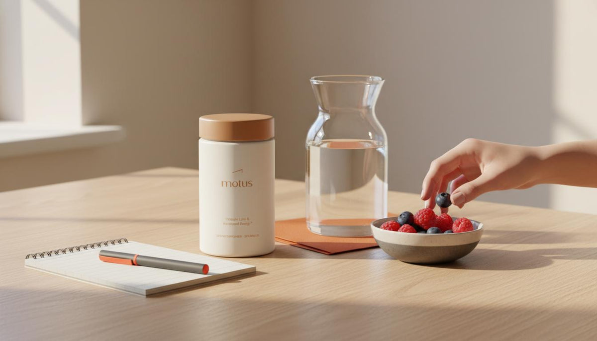 Minimal morning kitchen table with Tonum Motus supplement jar, glass carafe, bowl of berries and notebook on warm #F2E5D5 background, evoking sustainable health.