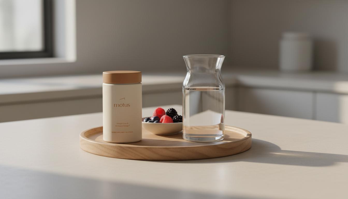 What probiotics will shrink belly fat? Tonum Motus supplement jar on a wooden tray with a glass carafe and bowl of berries in a minimalist kitchen scene, soft morning light, brand color accents.