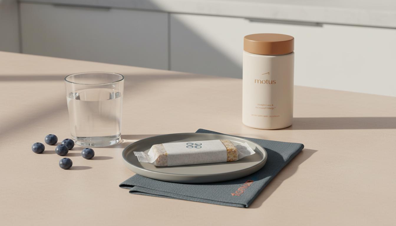 Minimalist kitchen counter with a wrapped meal replacement bar on a ceramic plate, blueberries, a glass of water and a Tonum Motus container in the background — ideal for meal replacement bars content.