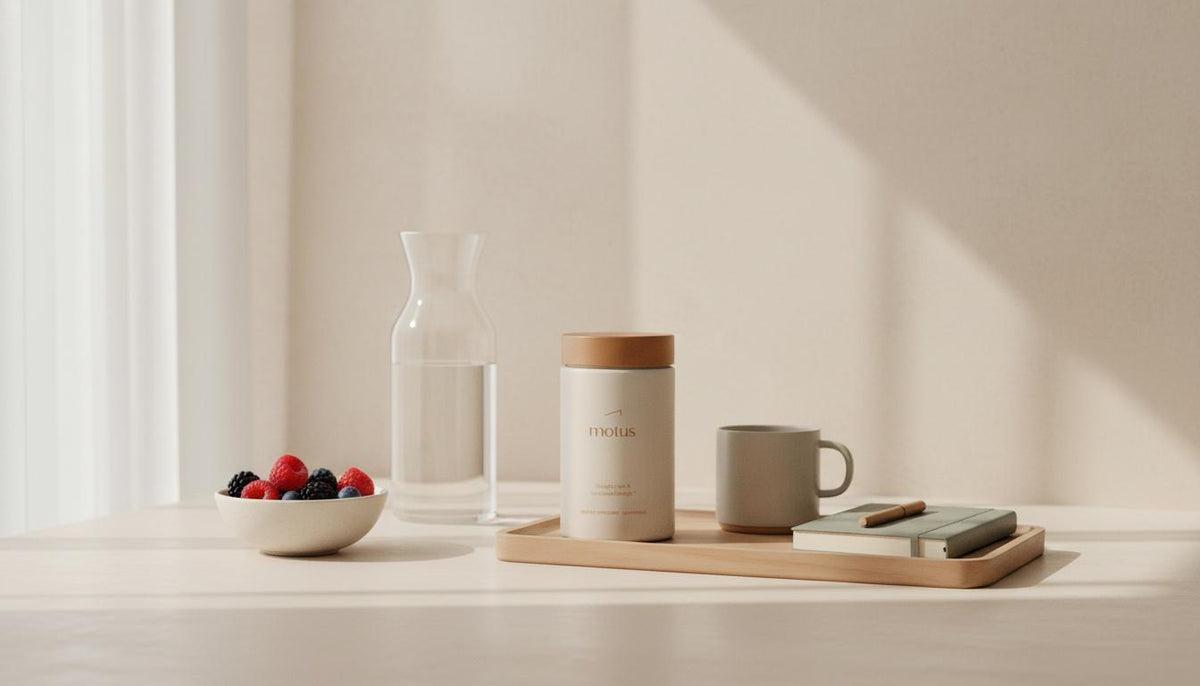 Minimalist kitchen counter with Tonum Motus supplement jar beside a bowl of berries, carafe and journal in morning light — contextual image for weight loss coach cost