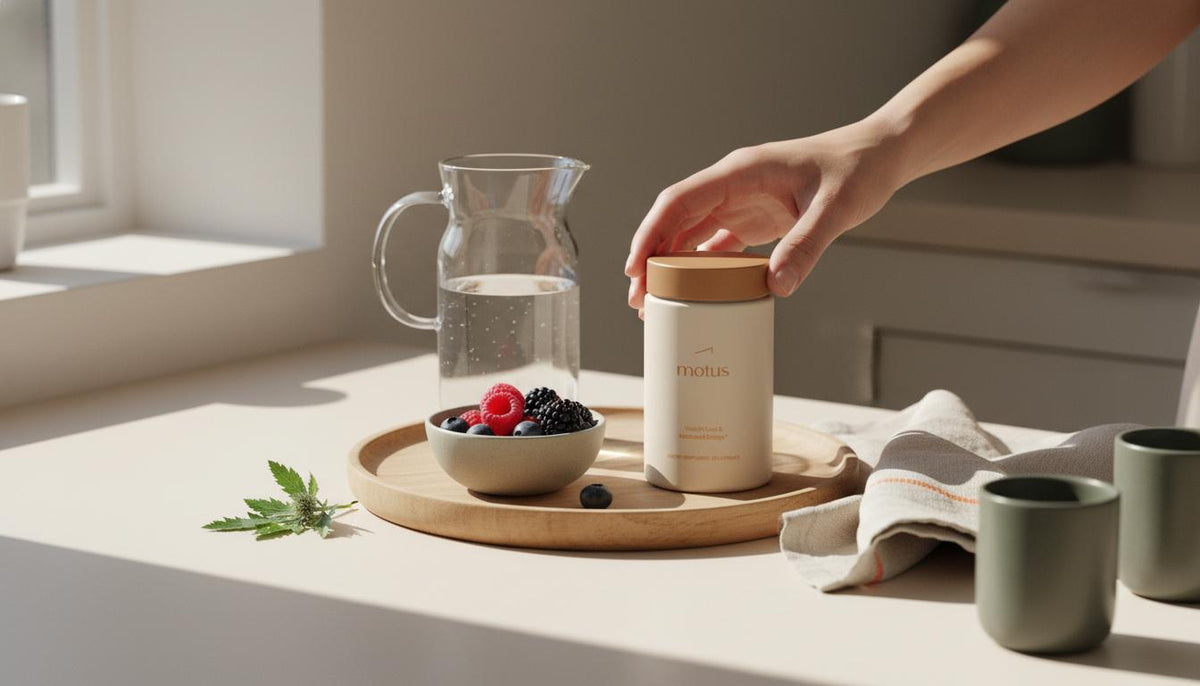 Minimalist kitchen scene with hands reaching for a Motus supplement jar on a wooden tray beside a carafe and bowl of berries, conveying phentermine-related daily nutrition and wellness.