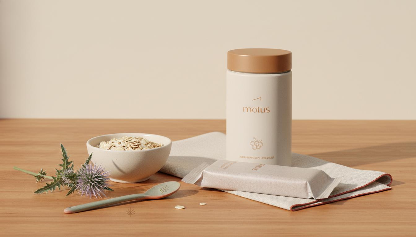 Minimal still-life of a wrapped healthy meal replacement bars on a wooden table with a small bowl of oats and a milk thistle sprig, clean Tonum branding and soft natural light.