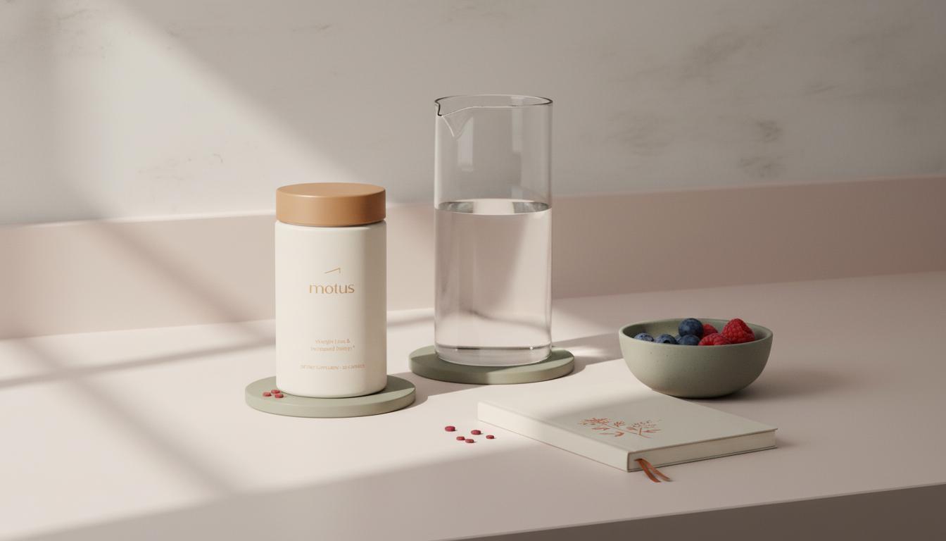 Minimalist kitchen counter with Tonum Motus supplement jar beside a glass carafe, bowl of berries and milk thistle icon on a pale background — do fat burning pills work
