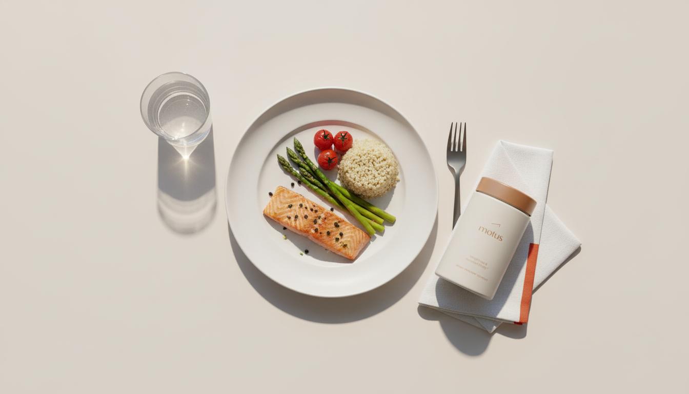 Minimalist overhead photo of a single plate with a balanced portion, glass of water and Tonum Motus container illustrating the 80% rule in eating and mindful, evidence-driven nutrition.