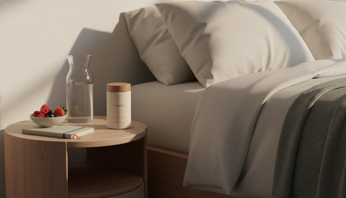Minimalist nightstand scene with Motus supplement jar beside water and berries, evoking sustainable weight management and overnight belly fat loss