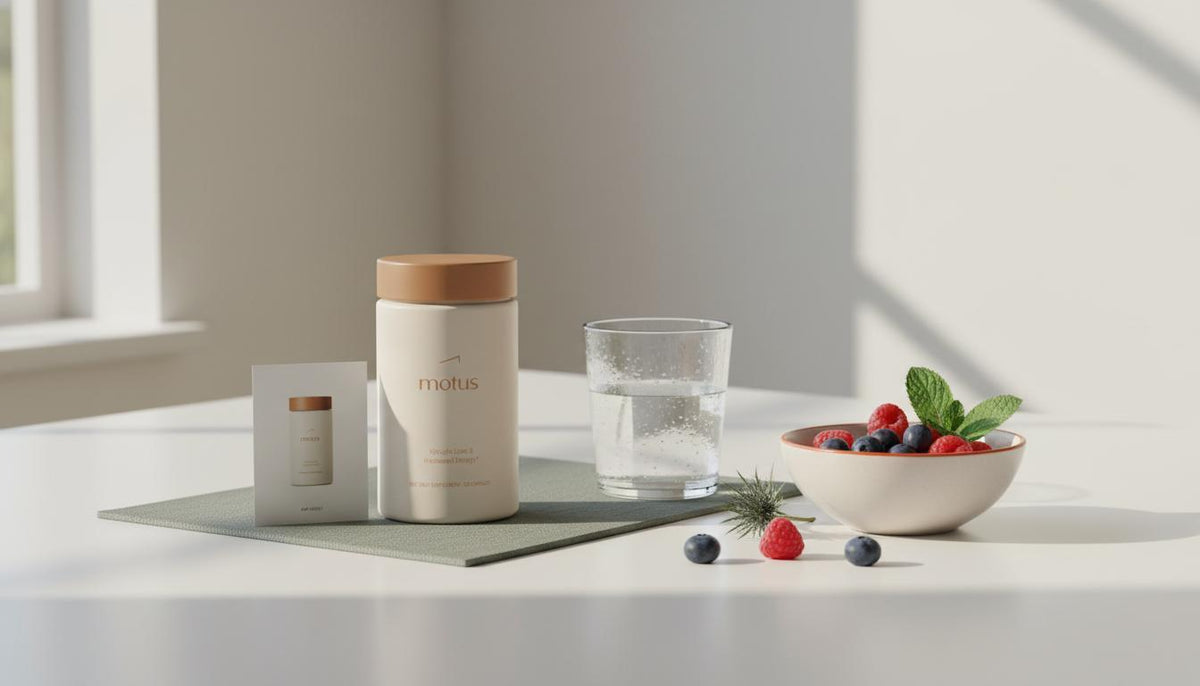 Minimalist kitchen scene with the Motus supplement jar beside a glass of water and bowl of berries, highlighting the best blood sugar reducer.