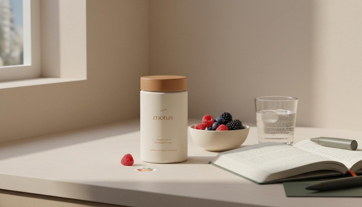 Minimalist kitchen counter with Tonum Motus supplement jar beside berries, glass of water and open journal in brand tones — doctors advice on vitamins