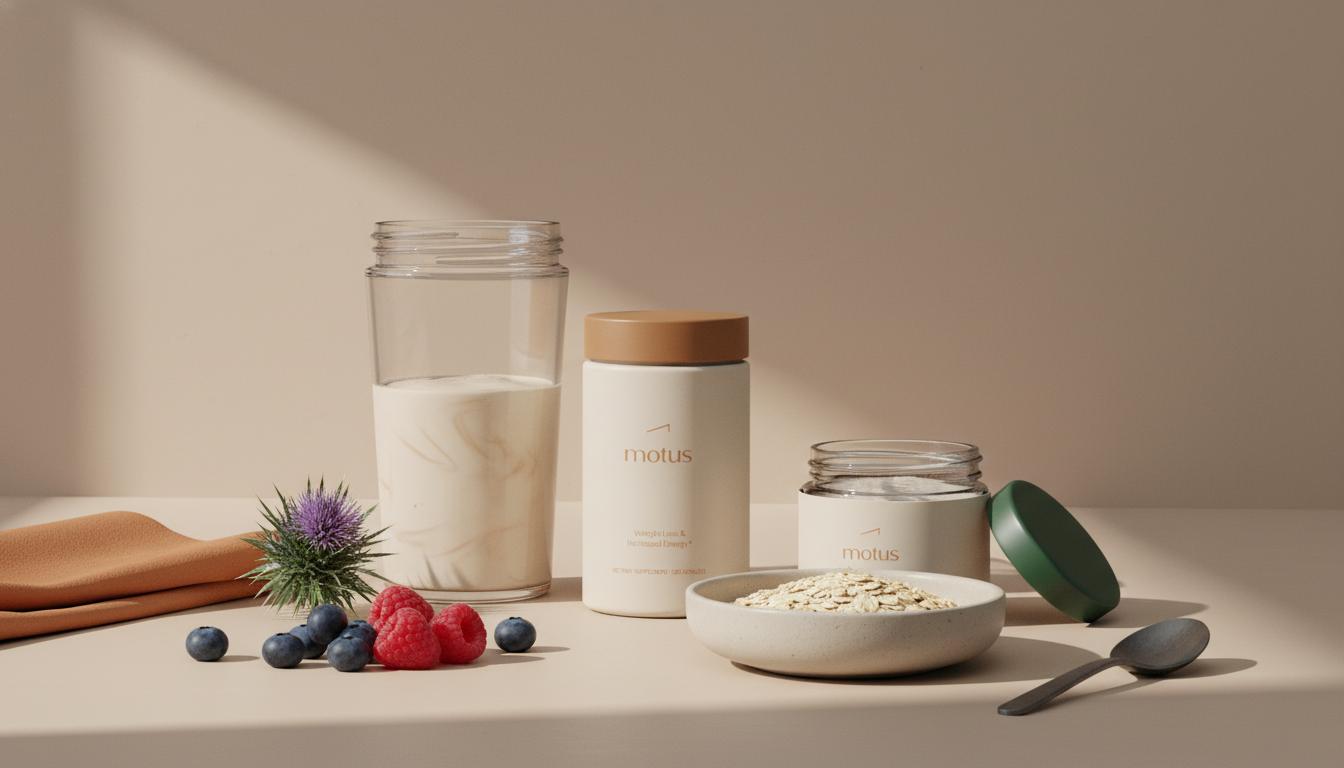 Minimalist kitchen counter with shaker bottle, open jar of protein powder, berries, oats and milk thistle in soft side light — best whey protein for muscle gain