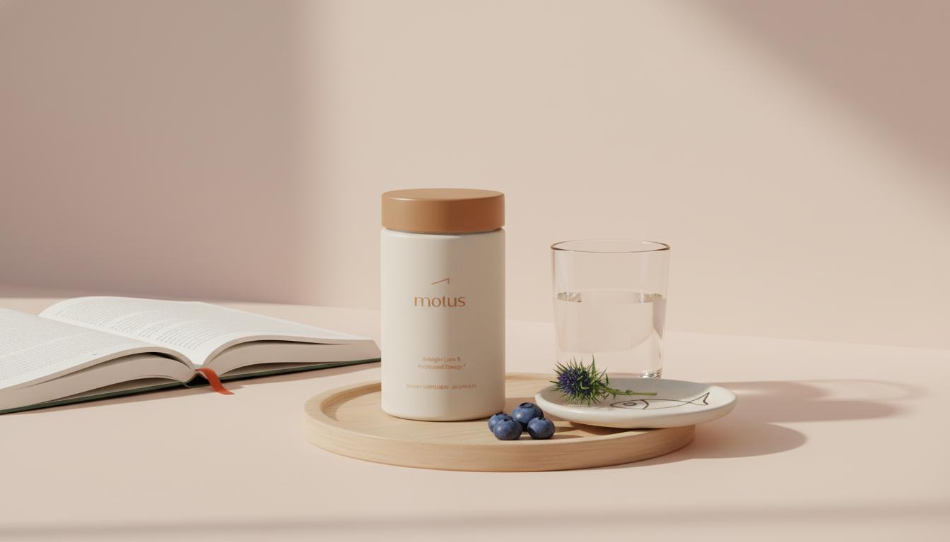 Minimalist Tonum tabletop scene with the Nouro supplement bottle, berries, milk thistle and fish icons, glass of water and open journal — Prevagen vs Neuriva comparison.