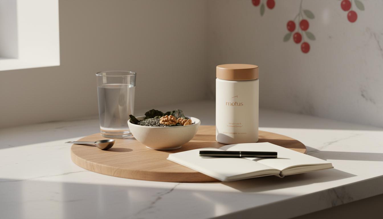 Minimalist kitchen counter scene with Tonum supplement jar, open notebook, bowl of leafy greens, walnuts and seeds in soft morning light — magnesium glycinate wellness scene.